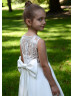 Ivory Satin Lace Pearl Buttons Back Classic Flower Girl Dress